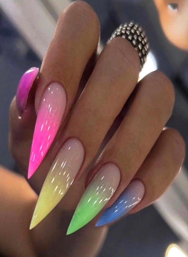 MISUD Press on Nails - Long Stiletto Glue on Nails with Summer Colorful, Acrylic Rainbow Design 24 pcs - Image 1